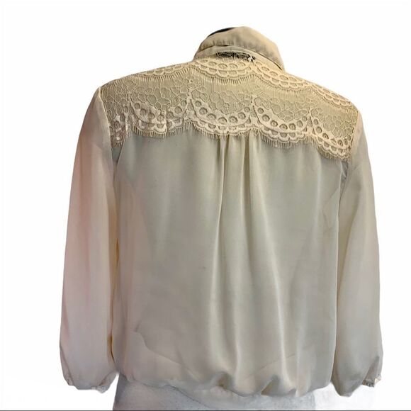 Cream chiffon lace button down Front tie blouse L - Picture 2 of 5